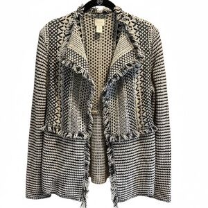 Chico’s Open Front Jacket Cream and Blue Fringe Southwestern Boho Size Medium